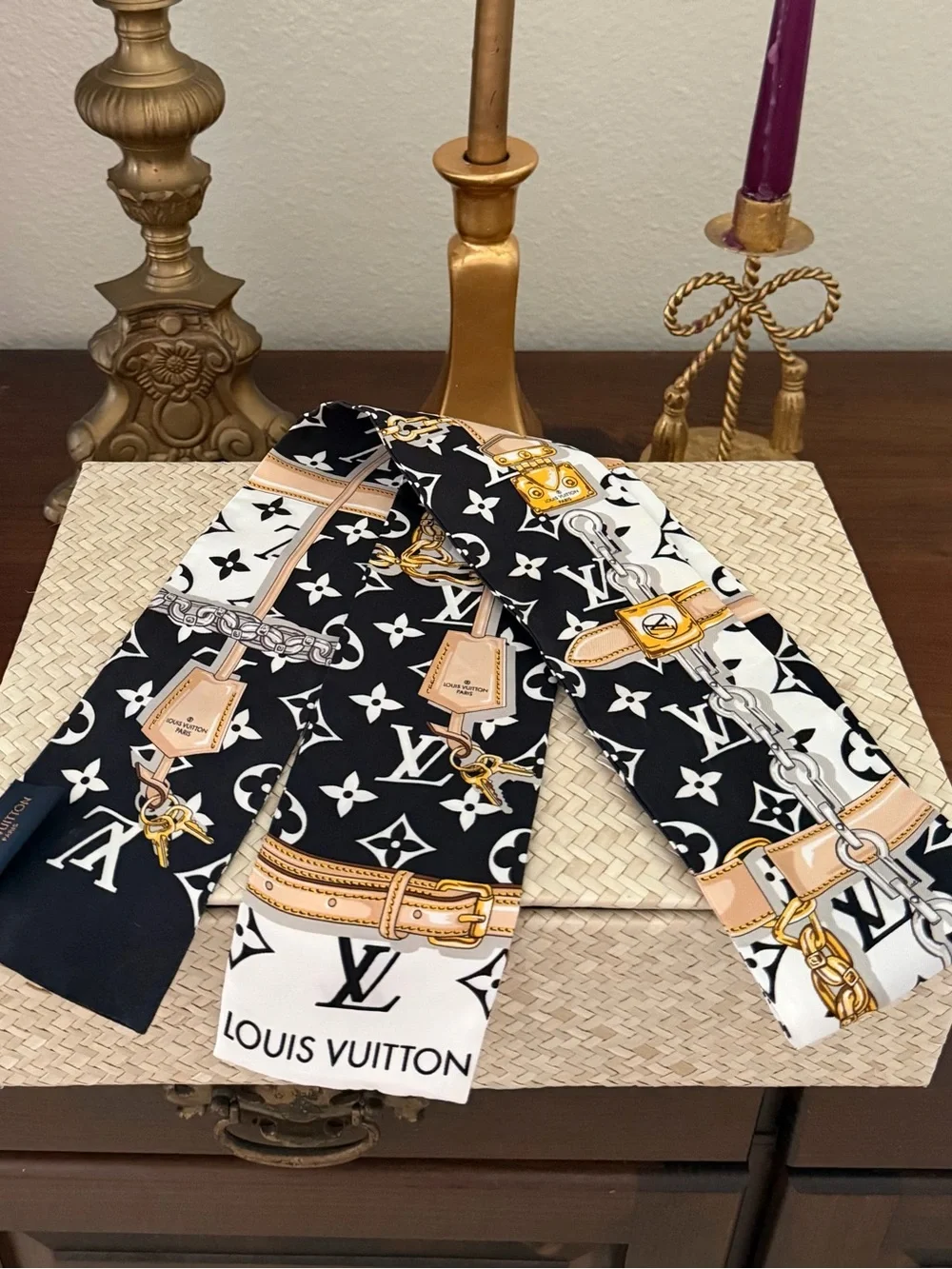 Louis Vuitton Black, White & Gold Monogram Twilly Scarf
